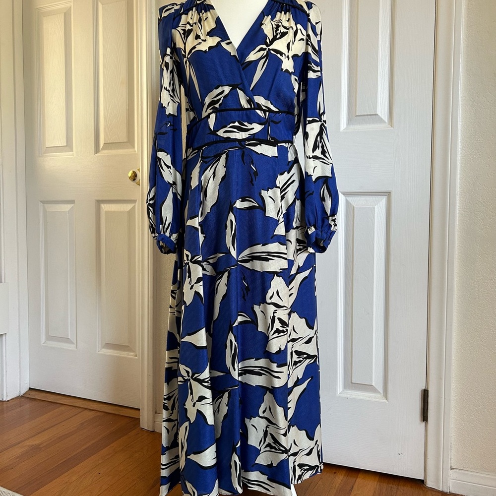 Veronica Beard Blue and White Wrap Sundress with Bishop Sleeves